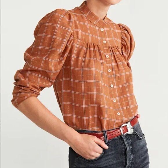 MANGO ORGANIC COTTON BLOUSE BROWN TAN CHECK PRINT GOLD METALLIC THREAD NWT SMALL - Picture 12 of 16